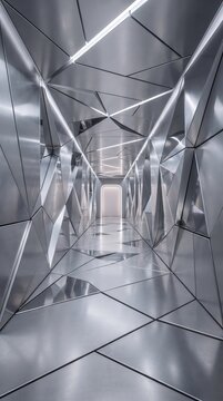 Futuristic metallic corridor interior photo, abstract sci-fi hallway with geometric steel panels, modern spaceship tunnel architecture with glowing light strips