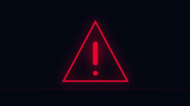 Red glowing neon warning icon with an exclamation mark inside a triangle on a dark background with subtle digital glitch effects, representing critical system error, cybersecurity alert, and hazard.