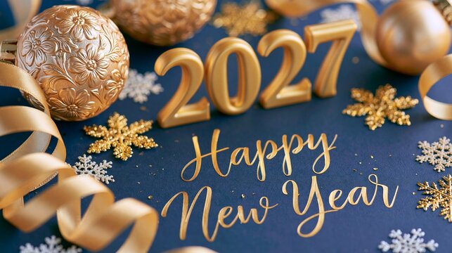 Golden numbers mark the year 2027. Shiny ornaments and snowflakes decorate deep blue background. Cursive script reads "Happy New Year" in elegant gold. Ribbons swirl around festive objects
