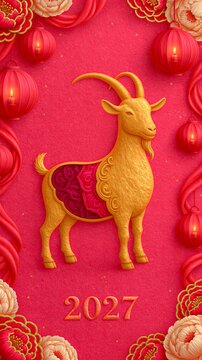 Golden goat stands proudly on rich red background. Floral patterns and lanterns frame the festive scene. Year 2027 is boldly displayed below. Vibrant colors evoke celebration and auspiciousness