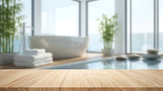 Wooden Table Top Surface Perspective with Blurred Luxury Spa Bathroom Interior Background for Product Placement Mockup