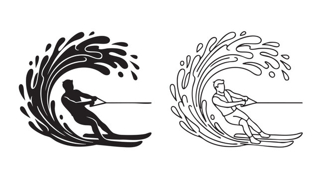 water skis silhouette with line art vector icon featuring aquatic