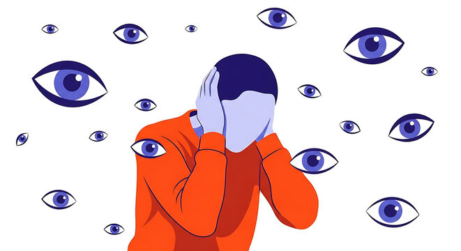 Conceptual Illustration of a Man Covering His Ears and Face While Surrounded by Many Floating Eyes Representing Social Anxiety and Paranoia