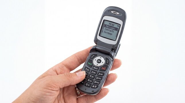 Gray vintage clamshell flip mobile phone held in hand by a person on white background