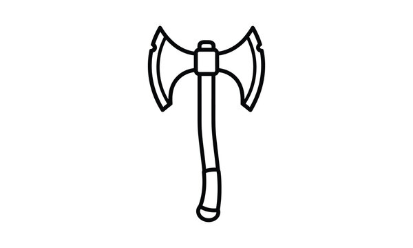Minimalist black outline illustration of a medieval double bladed battle axe
