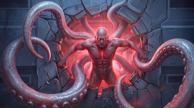 Muscular humanoid figure with glowing red eyes emerging from broken wall. Alien creature with octopus tentacles in futuristic sci-fi setting.