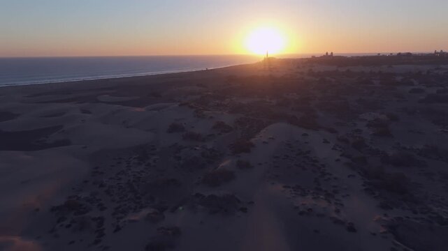Sunset Aerial Shot of Maspalomas Dunes with Lighthouse, Gran Canaria