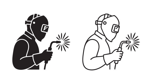 welder silhouette with line art vector icon design featuring welding