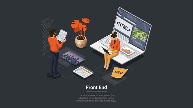 Front end web developers working on laptop with website programming interface coding and design