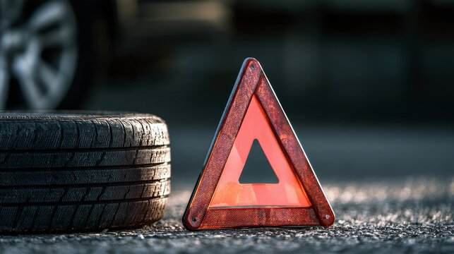 Warning triangle on a road indicating vehicle breakdown or roadside emergency, with a car tire visible in the background, representing traffic safety, accident prevention and roadside assistance