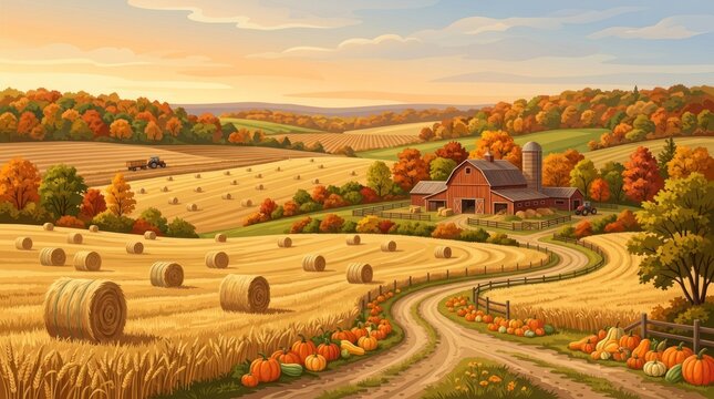 A picturesque autumnal landscape with a barn, hay bales, and a tractor in a field, set against a colorful autumn backdrop.