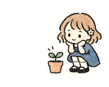 Cute girl crouching to admire a young sprout in a flower pot with generous copy space
