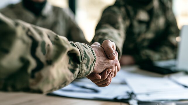 Two people in camouflage military uniforms shaking hands across an office desk, representing partnership, agreement, respect, teamwork and professional cooperation in a formal workplace setting