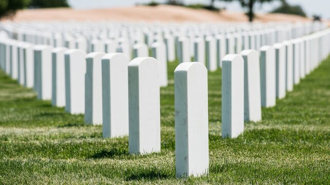 Military cemetery with rows of white tombstones across a green grass lawn on a sunny summer day, representing remembrance, honor, sacrifice, military history, Memorial Day, respect for fallen soldiers