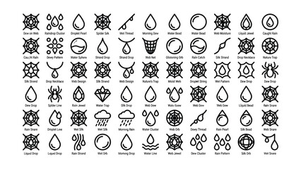 Fototapeta premium A comprehensive collection of black and white vector icons featuring spider webs rain drops and morning dew elements for graphic design projects