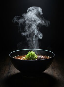 Hot ramen noodle soup with dramatic rising steam in a black bowl