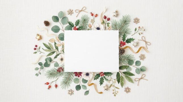 A white card with a floral arrangement on a white background.