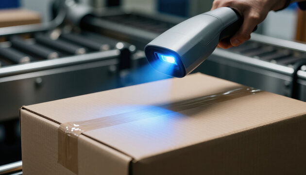 Rectangular scanner silver scanner hand scanner barcode scanner blue light cardboard box parcel box packaging tape warehouse logistics shipping delivery inventory tracking automation supply chain