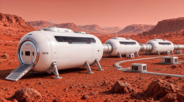 Space colony modules on red planet surface. Futuristic habitat base for interplanetary mission and Mars exploration.