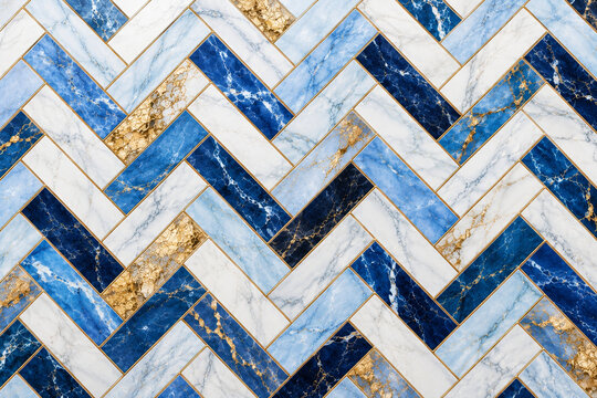 Luxury blue navy and white herringbone marble tile pattern with metallic gold accents and polished veining for elegant wall decor, flooring, backsplash and wallpaper design
