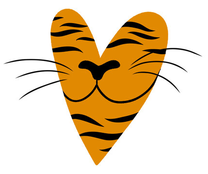Tiger Face Heart with Black Stripes and Whiskers Illustration