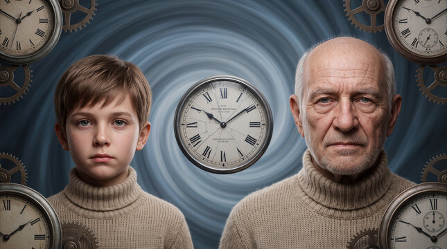 Generational transition and aging concept. Young boy and senior man appearing together against background of swirling time and clock faces.