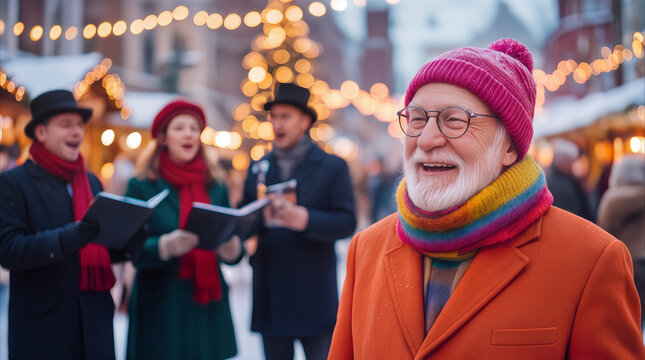 Happy senior man smiling at Christmas market with carol singers in background. Festive winter holiday celebration in European style town square.