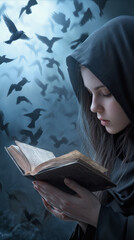 Fototapeta premium Cloaked girl reading ancient book surrounded by flying crows. Dark fantasy concept with mystical atmosphere.