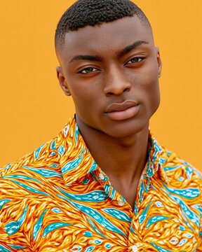 Bold patterned shirt with vibrant orange and teal hues. Young man gazes directly, exuding calm confidence. Sleek short hair frames a striking, composed expression