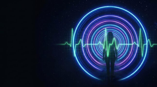 Neon circle glowing ring human silhouette pulse wave dark background creates futuristic tension and wonder with luminous energy surrounding
