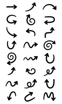 Collection of hand drawn arrows and directional signs in black on a white background
