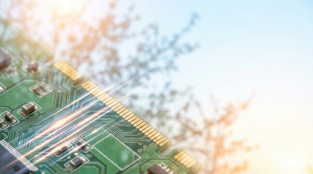 Close up of industrial motherboard with light pattern and blurred circuit background