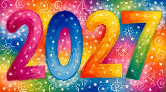Vibrant numbers "2027" glow with rainbow hues. Celestial sparkles float beside swirling patterns. Joyful colors celebrate a bold future. Perfect for greeting cards, digital art, or holiday designs
