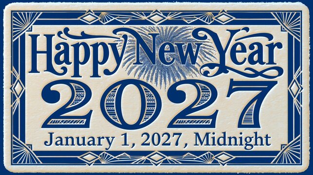 Blue ornate design celebrates New Year 2027. Bold numbers frame the date: January 1, 2027, Midnight. Festive fireworks burst above "Happy New Year" script. Elegant border with diamond