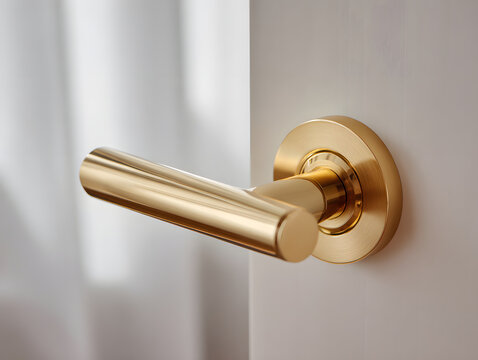 Brass door handle on white door close up minimal still life with soft light and clean modern interior