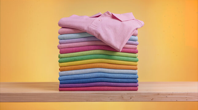 Stack of colorful folded polo shirts on wooden shelf. Organized laundry and textile retail display on yellow background.
