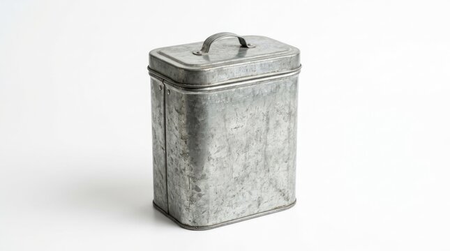 A metallic tin box with a hinged lid, placed on a plain white surface. The box appears weathered and has a simple, utilitarian design.