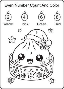 Cute Christmas Dumpling Even Number Coloring Worksheet
