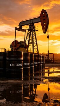 Crude Oil Barrels and Pump Jack at Sunset