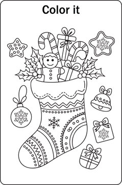 Christmas Stocking Coloring Page with Gifts and Candy Canes
