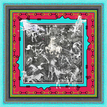 Vibrant equestrian theme scarf print pattern with wild galloping horses, rope accents, and a bold neon border.