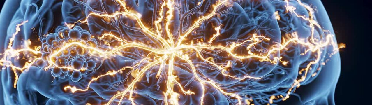 Neural network and brain activity concept electrical impulses traveling through human brain synapses medical science and cognitive function visualization.
