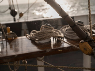 A spider web catches the low sun between coiled ropes and wooden blocks on the deck of a sailing ship, a quiet detail on board. © Victor