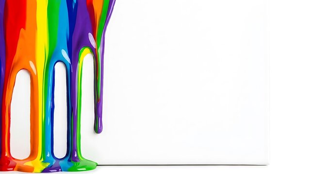 Vibrant rainbow colored paint dripping down on a clean white background