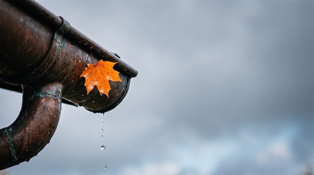 Maple Leaf in Copper Gutter with Dripping Rain