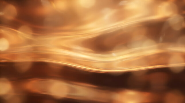 Abstract flowing molten amber liquid background with soft golden bokeh light