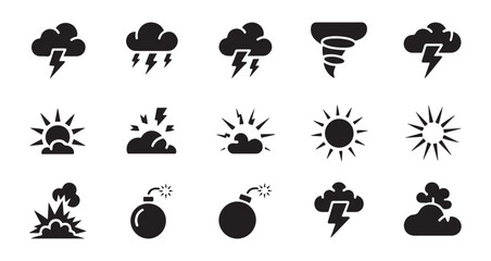 Obraz premium Severe weather conditions silhouette icons pack featuring storm clouds lightning and tornado symbol.