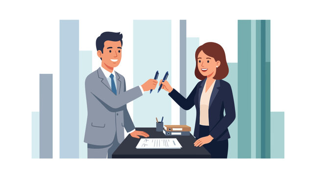 Business People Signing Contract Agreement and Shaking Hands Over Desk with Pens
