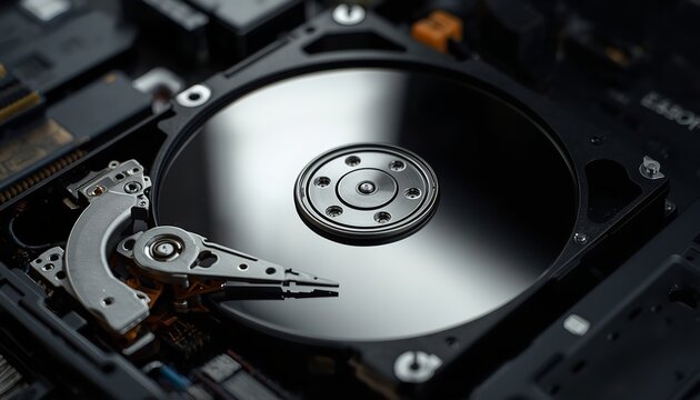 Detailed internal hard drive disk mechanism featuring polished metallic platters and mechanical read write heads in high resolution macro photography style