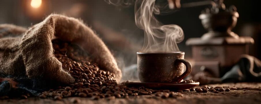 Coffee beans spilling from a burlap sack on a rustic wooden table with a steaming mug and antique grinder in warm light